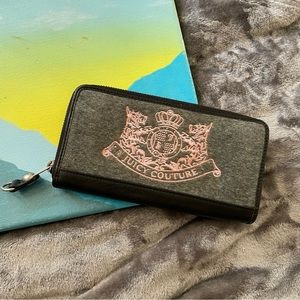 Y2K Juicy Couture Pink Embroidered Insignia Dog Logo Zipper Grey & Black Wallet